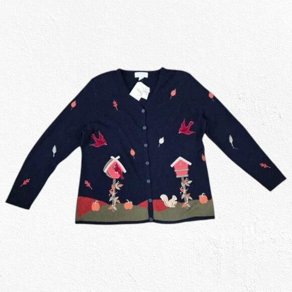 Y2K Navy Cardinal Fall Embroidered Wearable Art Knit Cardigan Sweater Size 14 - Picture 1 of 9
